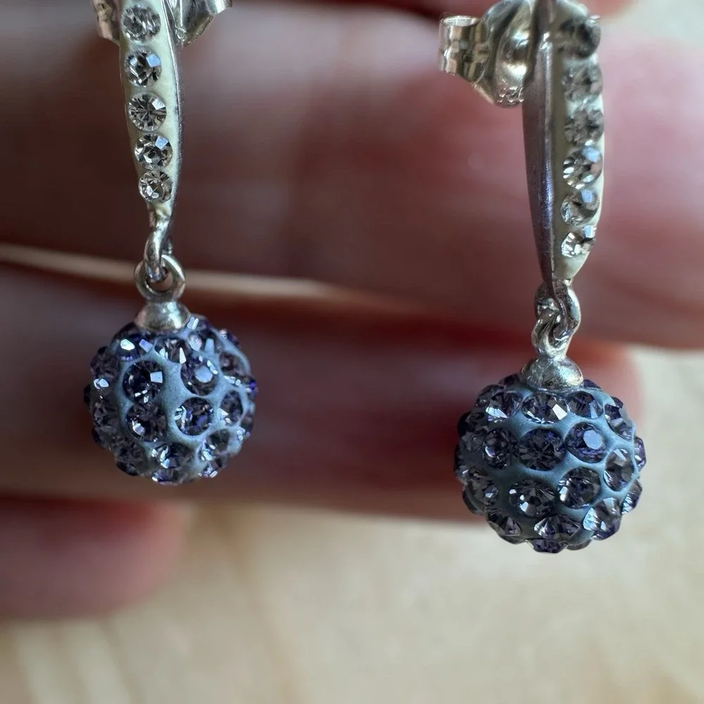 AU Stud Post Earrings‎ 0.9 Inch Ball Dangles Pave CZ Tanzanite 925 Sterling 2.3g
